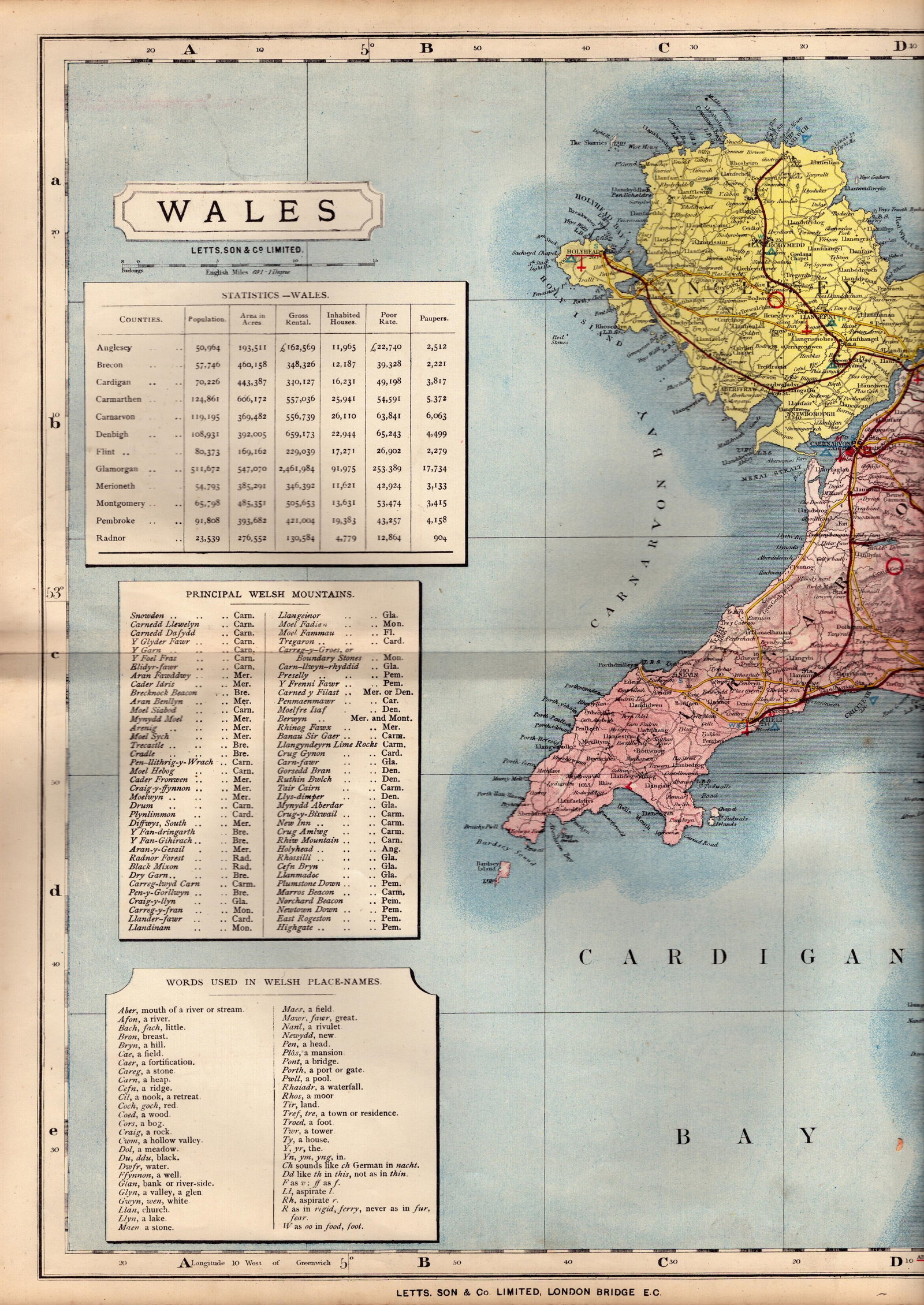 North Wales Large Victorian Letts 1884 Antique Coloured Map.: Title: North Wales Large Victorian Letts 1884 Antique Coloured Map. Description: Antique Map Which Was Removed from an Edition of Letts Popular Atlas. Published In 1884 During the Reign of Queen