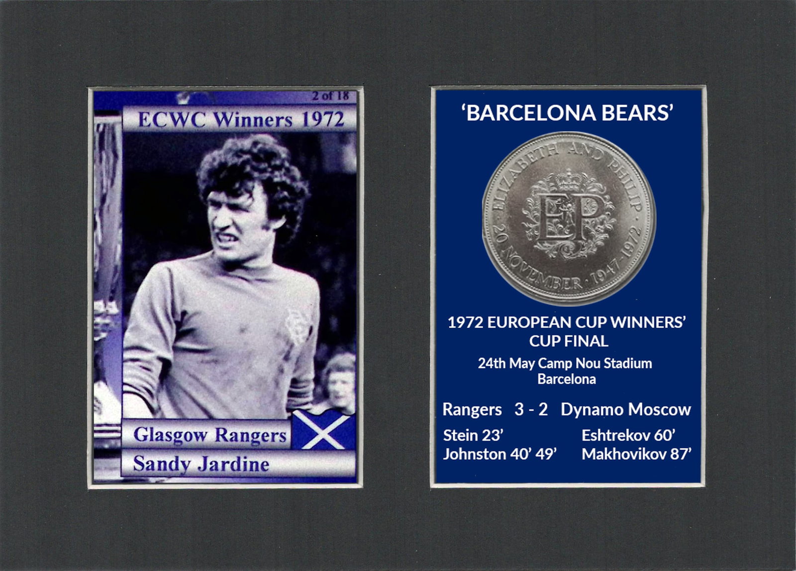 Sandy Jardine Rangers FC Wins 1972 ECWC Mounted Card & Coin Metal Art Display: Title: Sandy Jardine Rangers FC Wins 1972 ECWC Mounted Card & Coin Metal Art Display Description: Rangers FC Wins 1972 ECWC Mounted Card & Coin Gift Set. Consists of a Genuine 1972 Unci