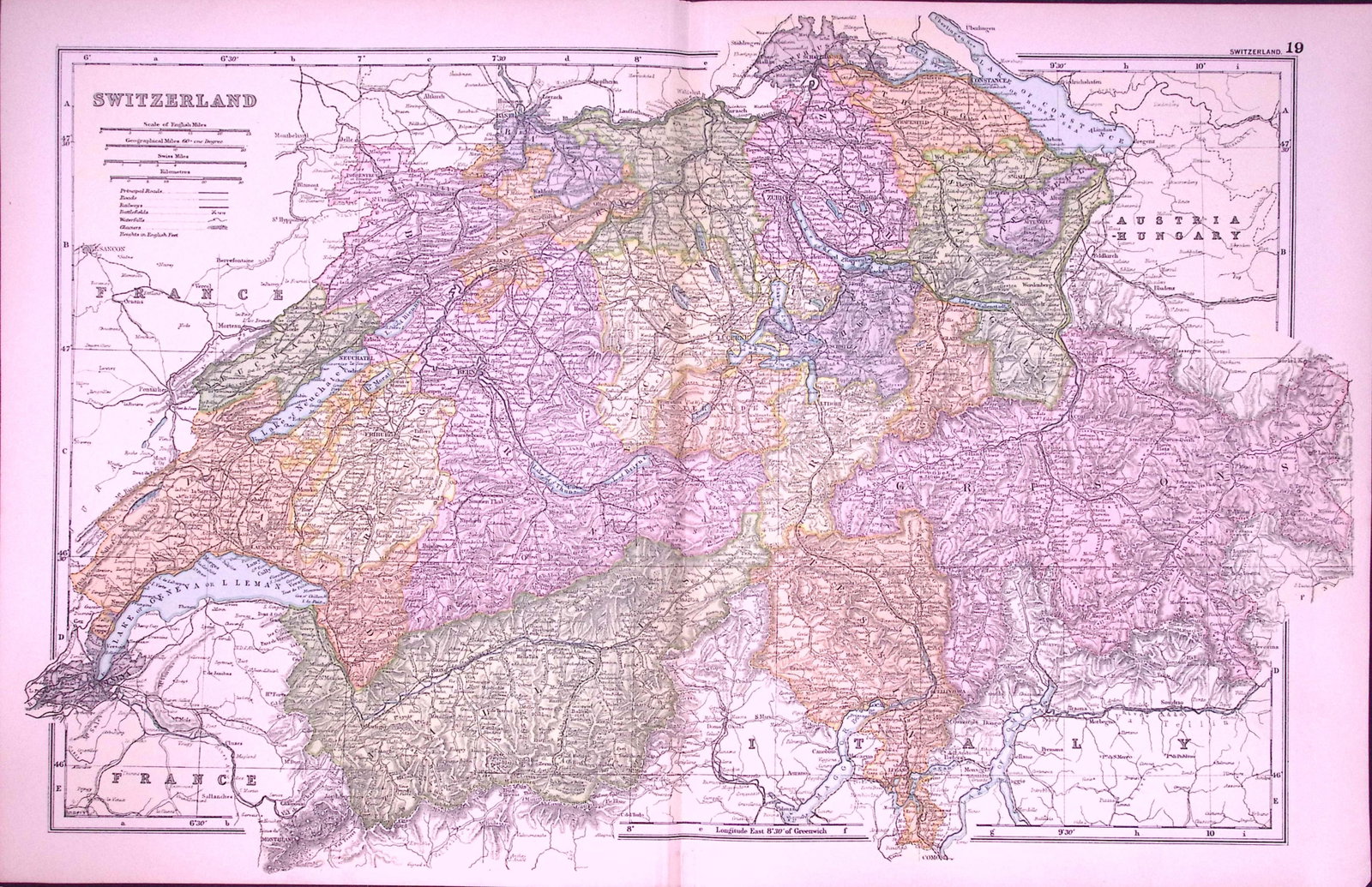 Switzerland & The Alps 120-Year-Old Large Antique Map by G.W. Bacon-19: Title: Switzerland & The Alps 120-Year-Old Large Antique Map by G.W. Bacon-19 Description: This Antique Map Has Been Removed from an Edition of. Bacons Popular Atlas of The World. Publi