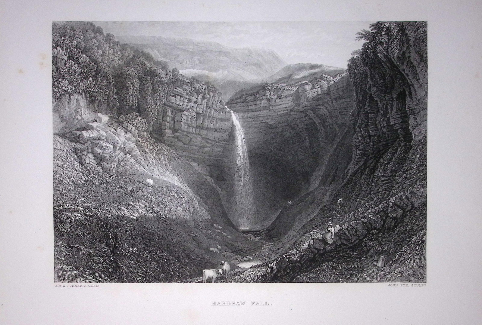 J.M.W Turner Hardraw Fall Yorkshire National Park Antique Steel Engraving-109-TR: Title: J.M.W Turner Hardraw Fall Yorkshire National Park Antique Steel Engraving-109-TR Description: This Antique Steel-Engraving Was Removed from an Edition Of. The Turner Gallery a