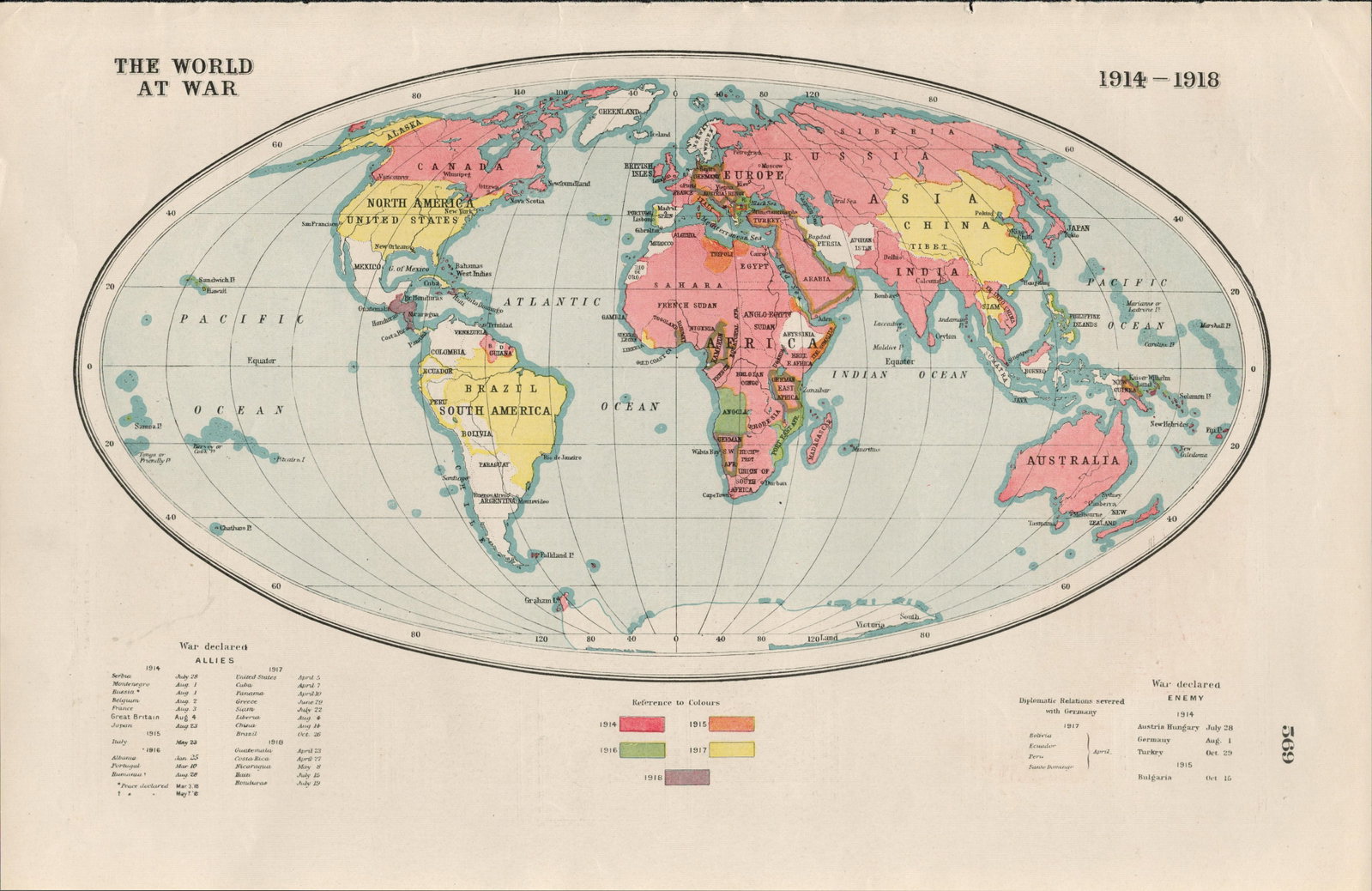 WW1 The Great War Central Europe Coloured Antique Map 1922.: Title: WW1 The Great War Central Europe Coloured Antique Map 1922. Description: This Antique Print Was Removed from an Antique 1922 Harmsworth New Atlas WW1 Supplement. This Single Sheet Measur