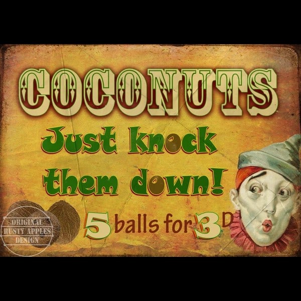 Coconut Shy Vintage Fairground Stall Vintage Style Metal Wall Art: Title: Coconut Shy Vintage Fairground Stall Vintage Style Metal Wall Art Description: ★ Approx Size 8” x 6” (Inches) 200 x 150 (mm). ★ Our Metal Art Design Comes with Rounded