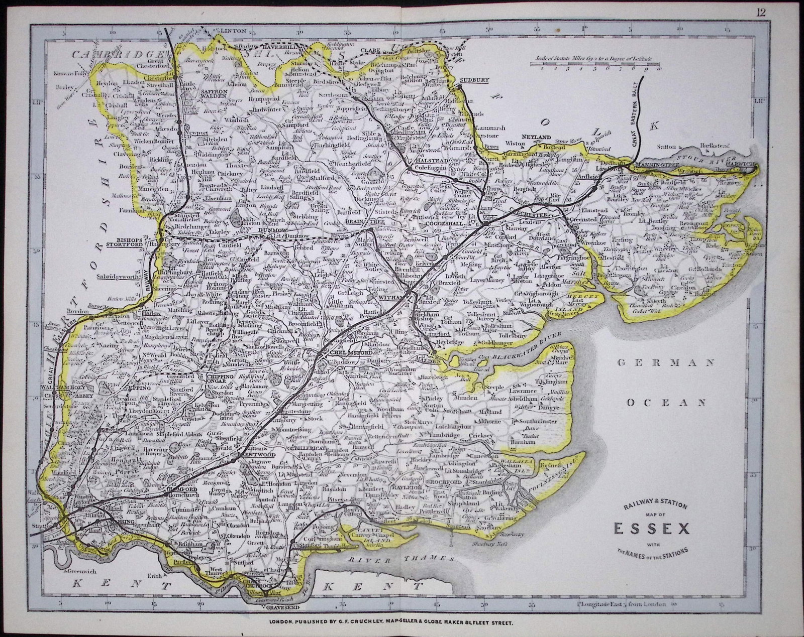 County Essex Cruchley Scarce Antique Railways & Stations Coloured Map.: Title: County Essex Cruchley Scarce Antique Railways & Stations Coloured Map. Description: This 160 Years-Old Antique Coloured Lithographic Map Was Removed from An Edition of. Cruchley's Co