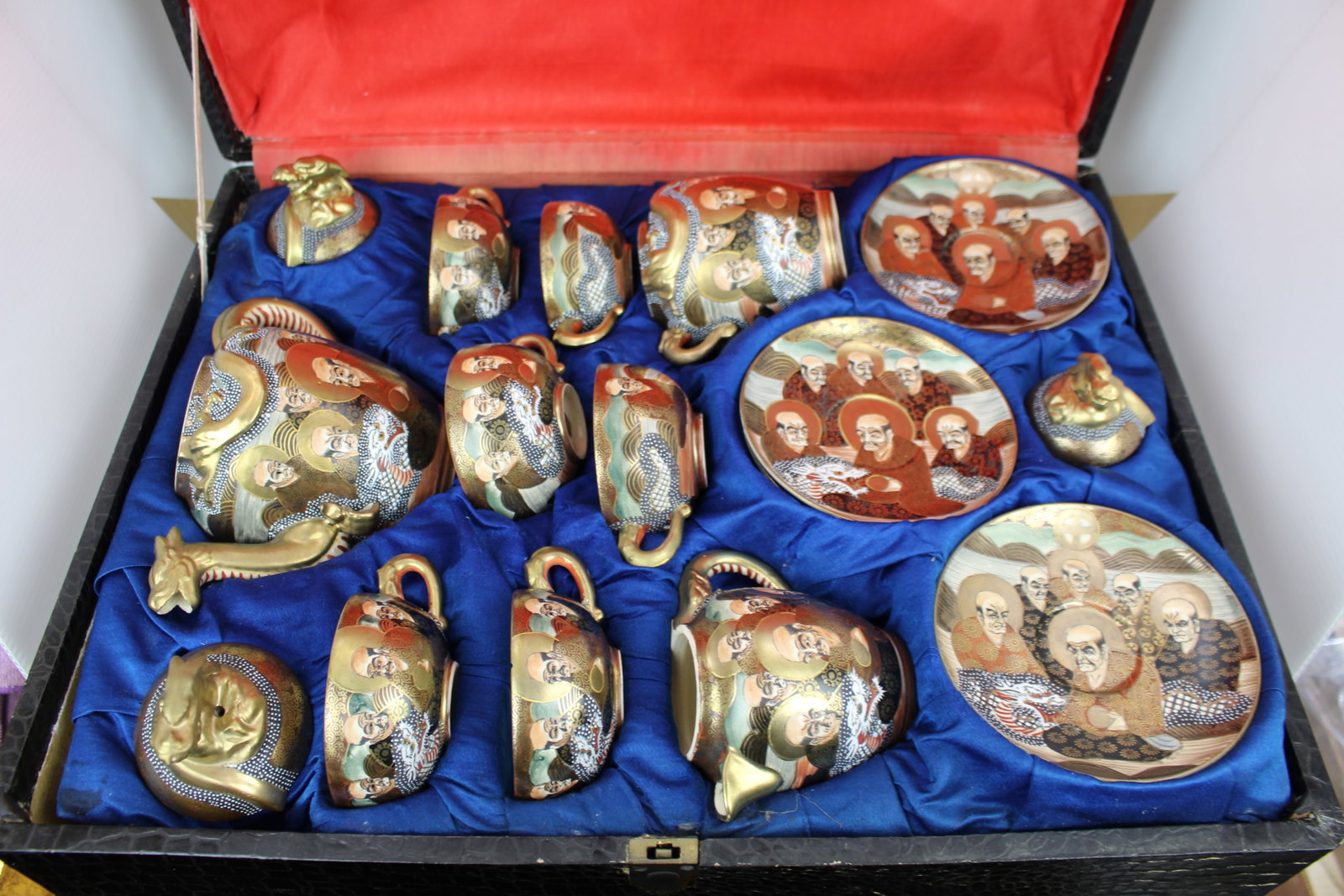 Fine Vintage Japanese Satsuma Cased Moriage Dragonware Tea Set - 8