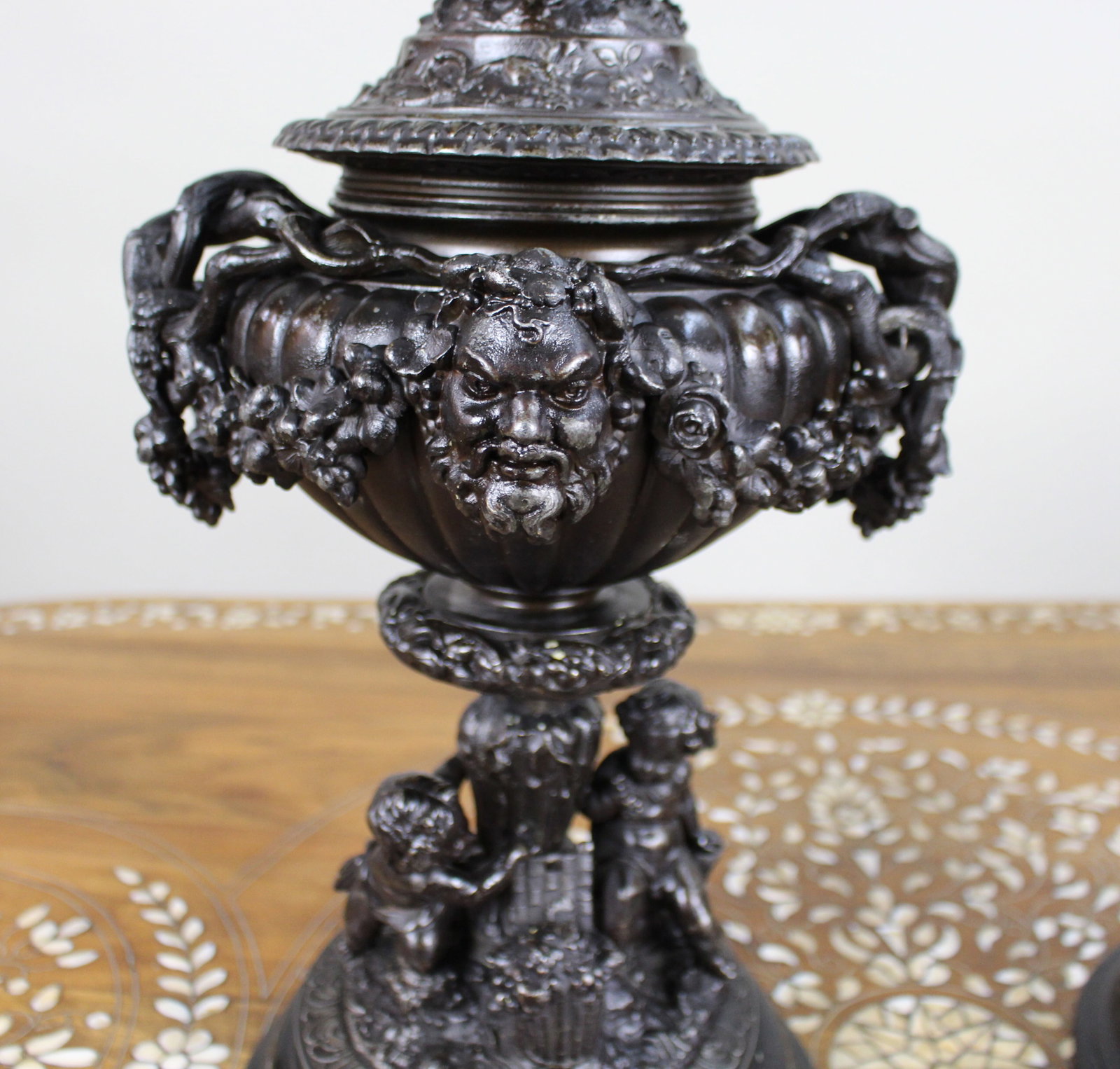 Pair of French Bronzed Spelter Urns with Bacchic Masks and Putti, Circa 1880 - 5
