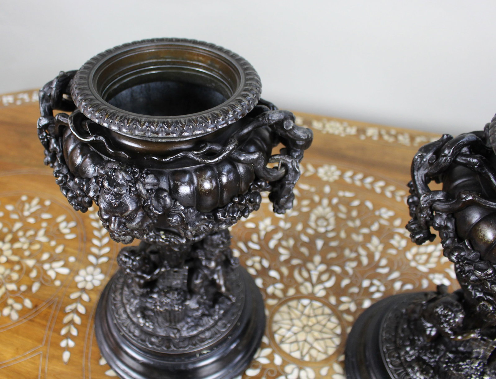 Pair of French Bronzed Spelter Urns with Bacchic Masks and Putti, Circa 1880 - 9