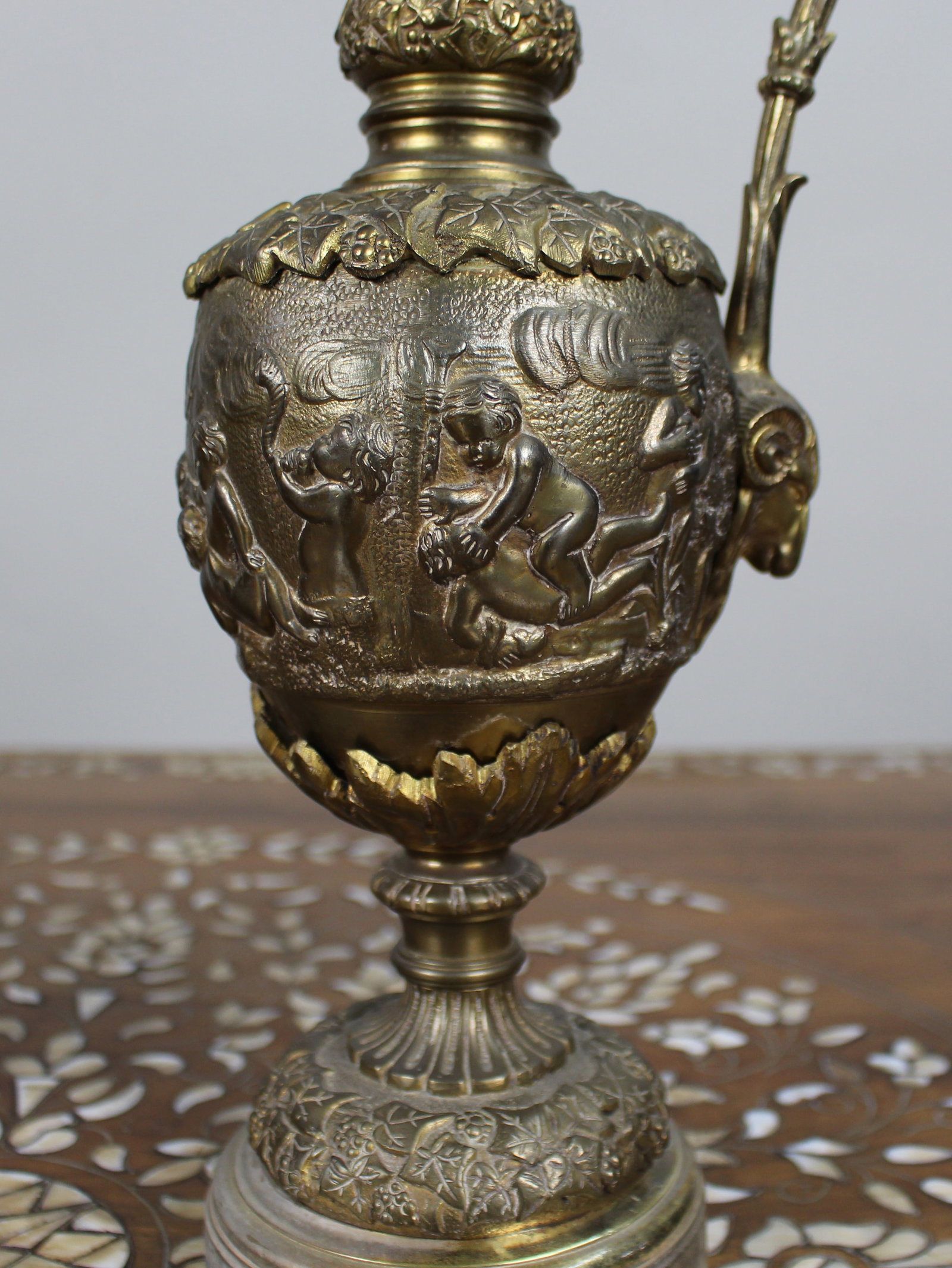 Pair of 19th Century French Gilt Bronze Bacchanalian Ewers with Cherubs - 12