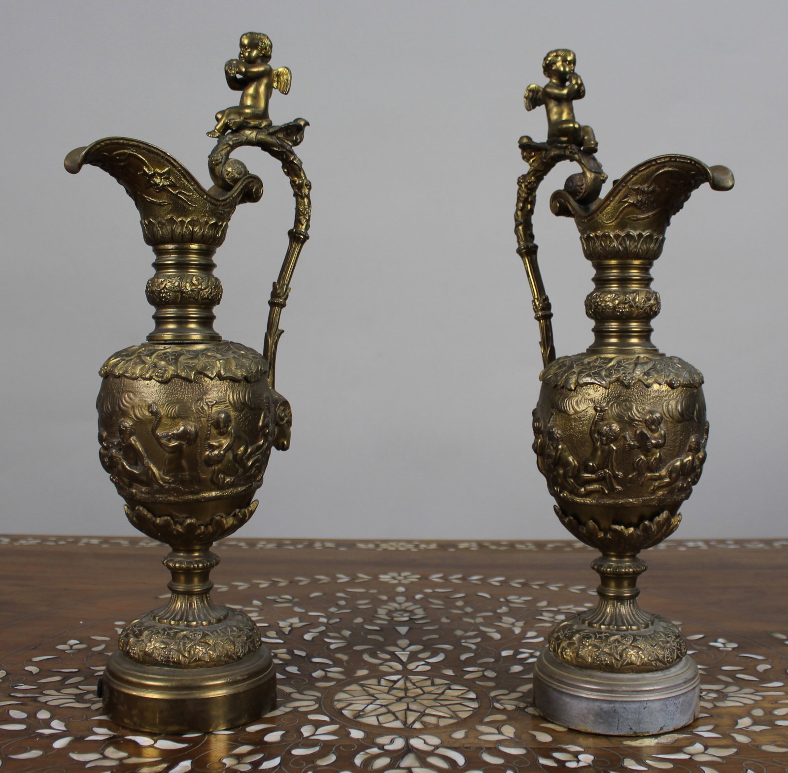 Pair of 19th Century French Gilt Bronze Bacchanalian Ewers with Cherubs - 14