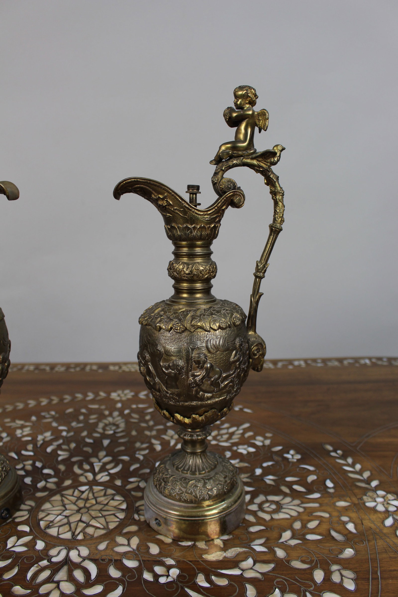 Pair of 19th Century French Gilt Bronze Bacchanalian Ewers with Cherubs - 9