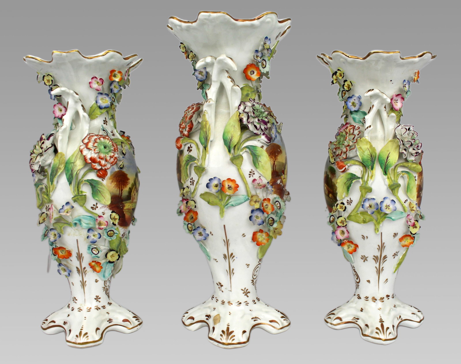 Garniture of Three English Flower-Encrusted Porcelain Vases, c.1850 (probably Samuel Alcock & Co.... - 12