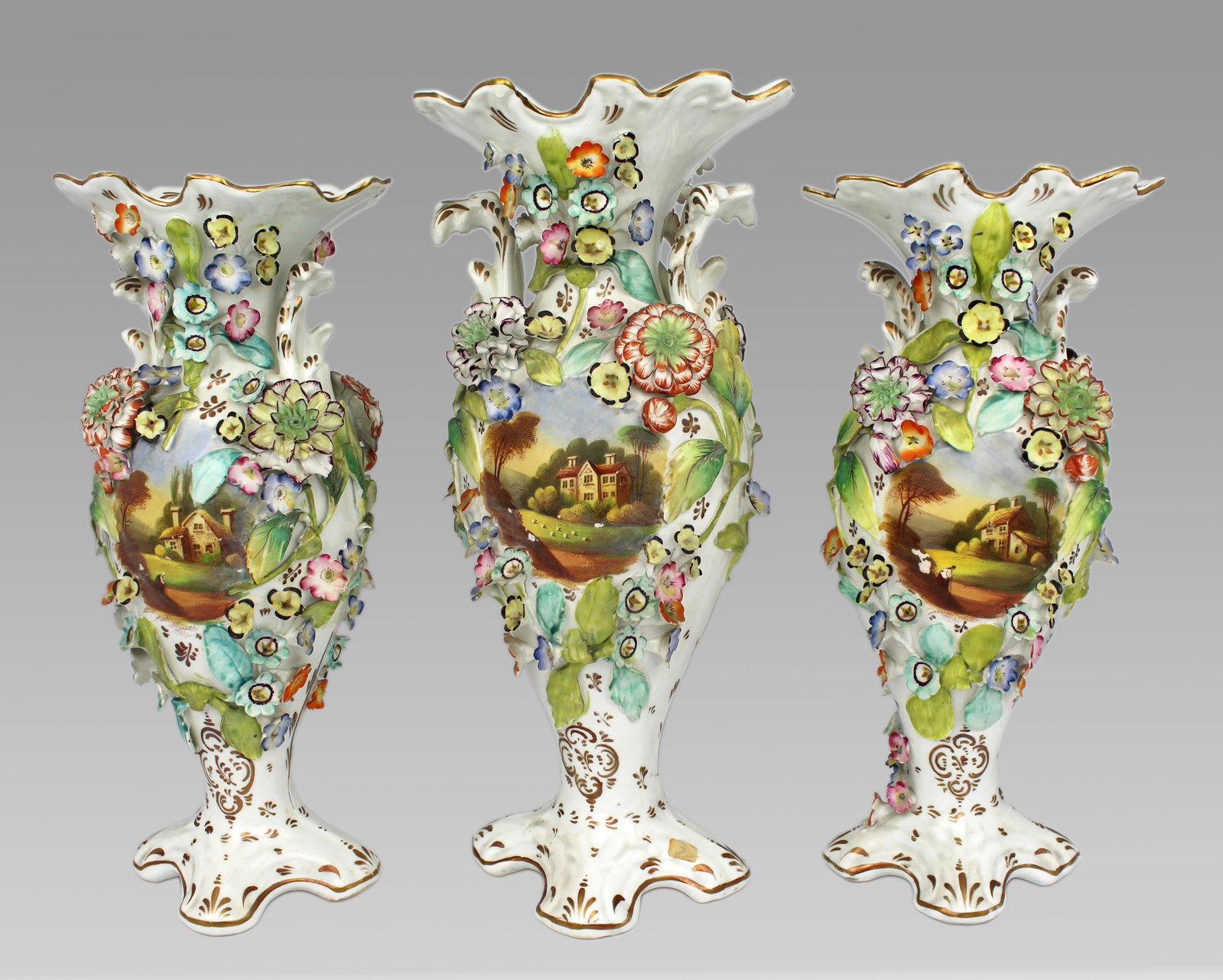 Garniture of Three English Flower-Encrusted Porcelain Vases, c.1850 (probably Samuel Alcock & Co.... - 13