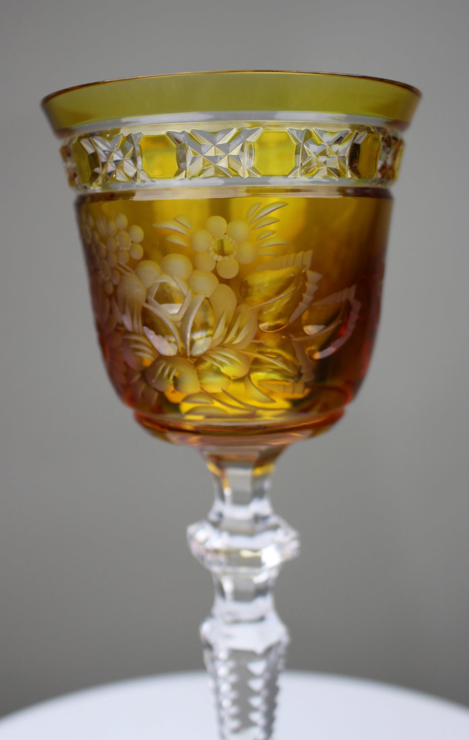 Set of 6 Fine Meissen Crystal Amber Overlay Engraved Wine Glasses - 12