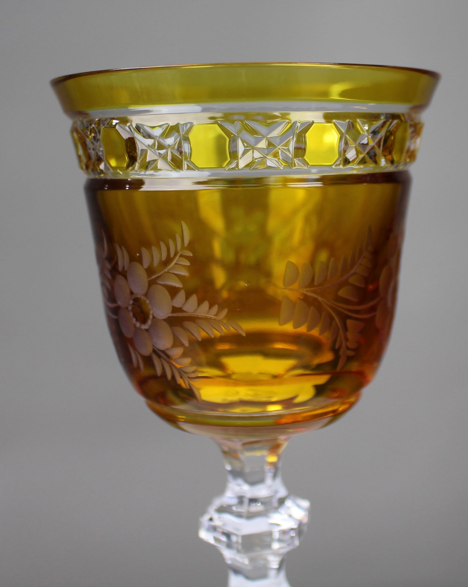 Set of 6 Fine Meissen Crystal Amber Overlay Engraved Wine Glasses - 14