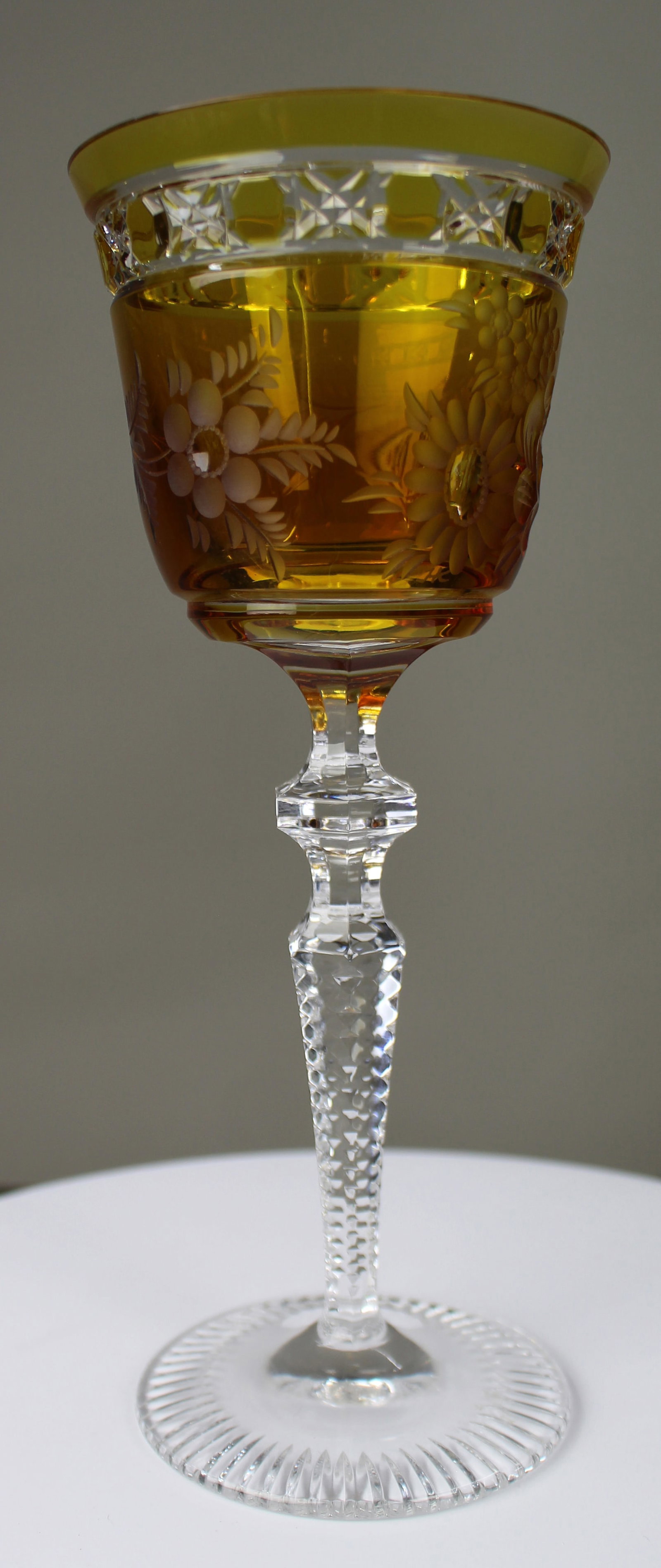 Set of 6 Fine Meissen Crystal Amber Overlay Engraved Wine Glasses - 6
