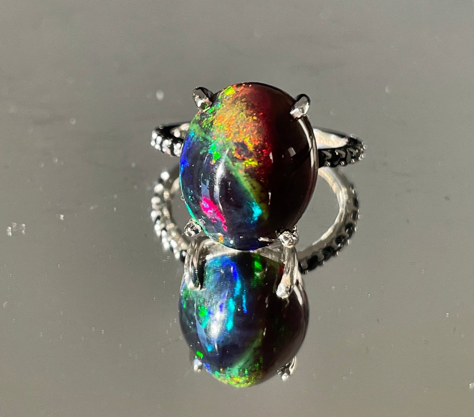 Beautiful 7.45 CT Natural Black Opal Ring With Natural Black Diamond & 18k Gold - 6