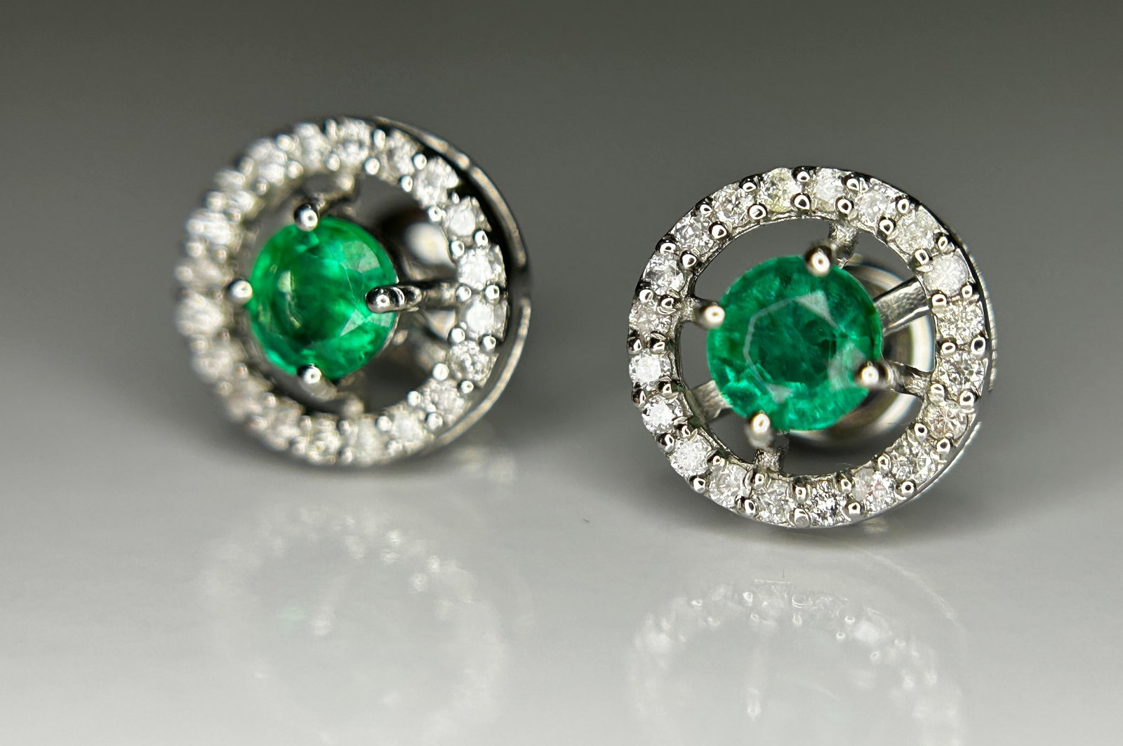 Beautiful 0.53ct Natural Emerald Halo Set Stud Earrings, Diamonds In Platinum 950 - 2