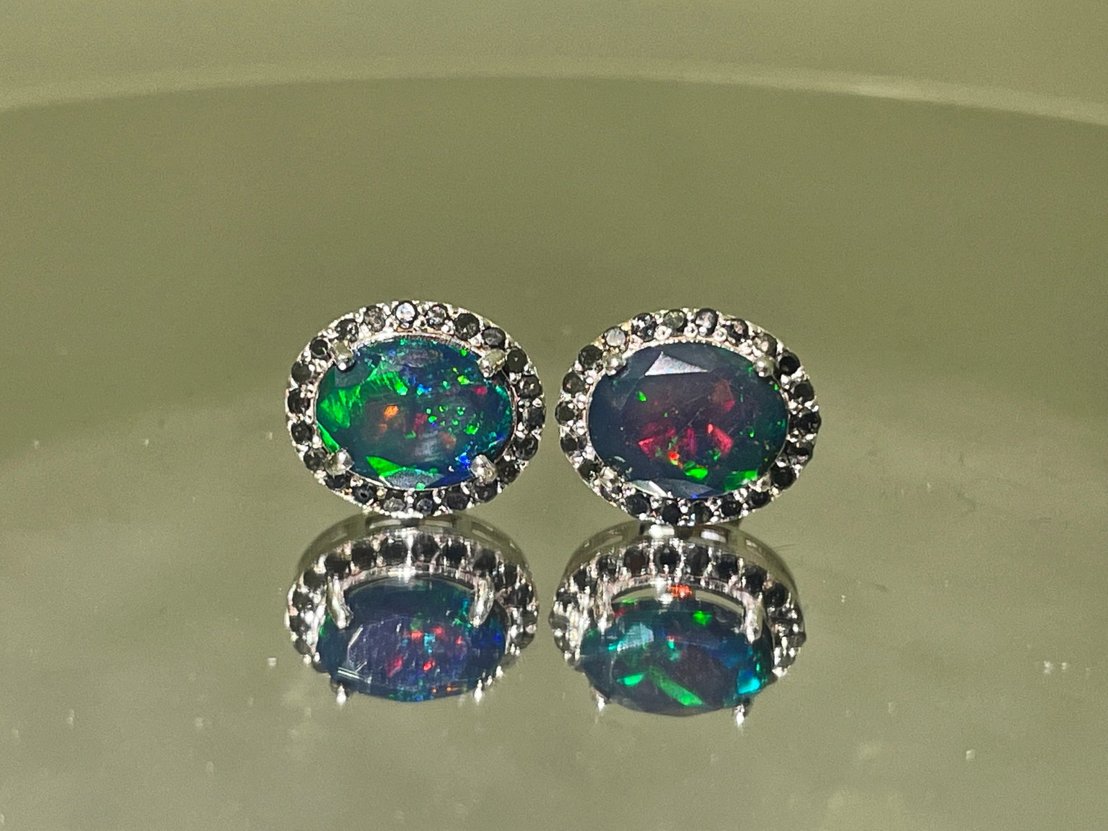 Beautiful Natural Black Opal Earrings With Natural Black Diamond & 18k Gold - 3