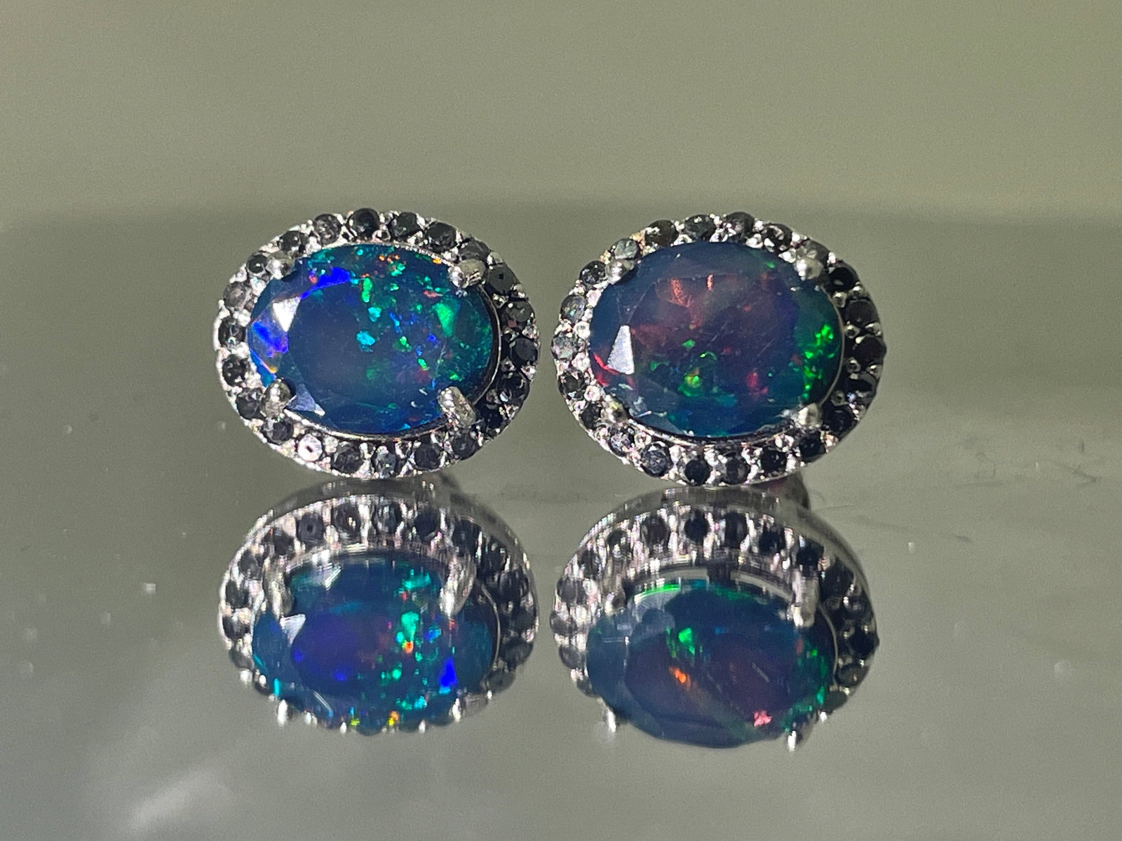 Beautiful Natural Black Opal Earrings With Natural Black Diamond & 18k Gold - 5