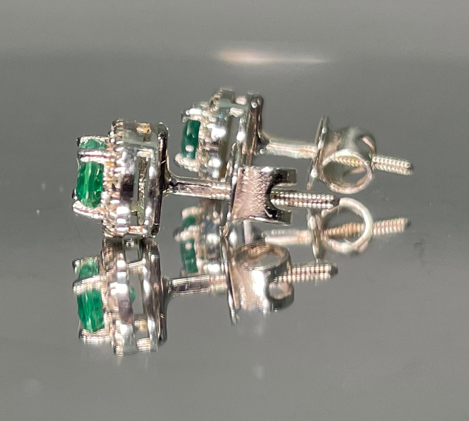 Beautiful Natural Emerald Halo Set Stud Earrings 18k White Gold - 5