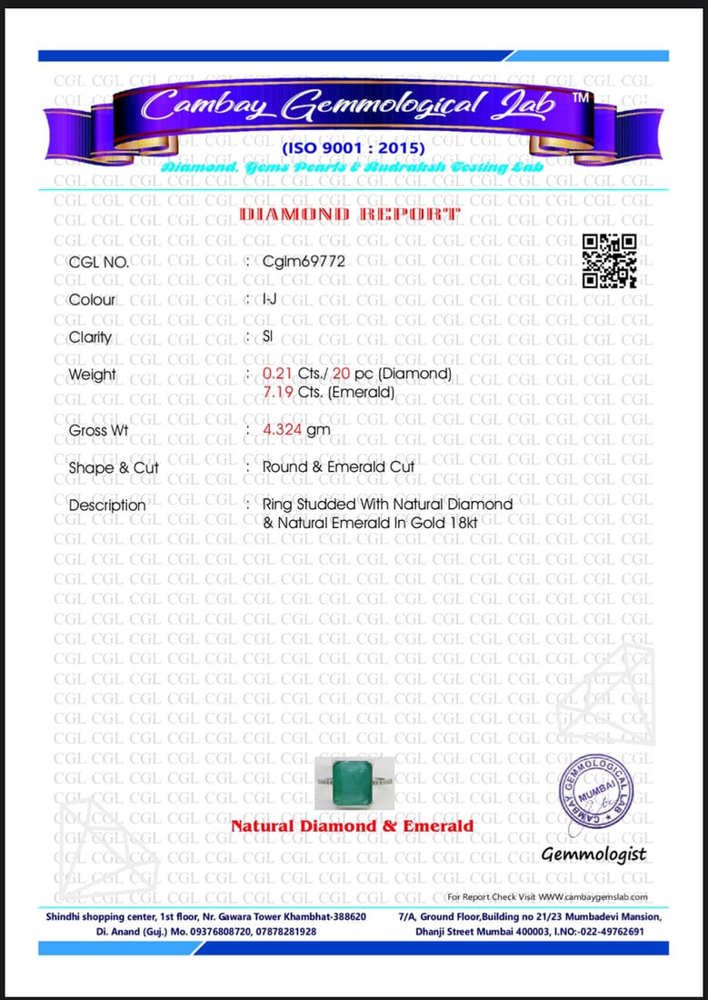 Beautiful 7.19CT Natural Emerald With Natural Diamonds & 18k White Gold - 8