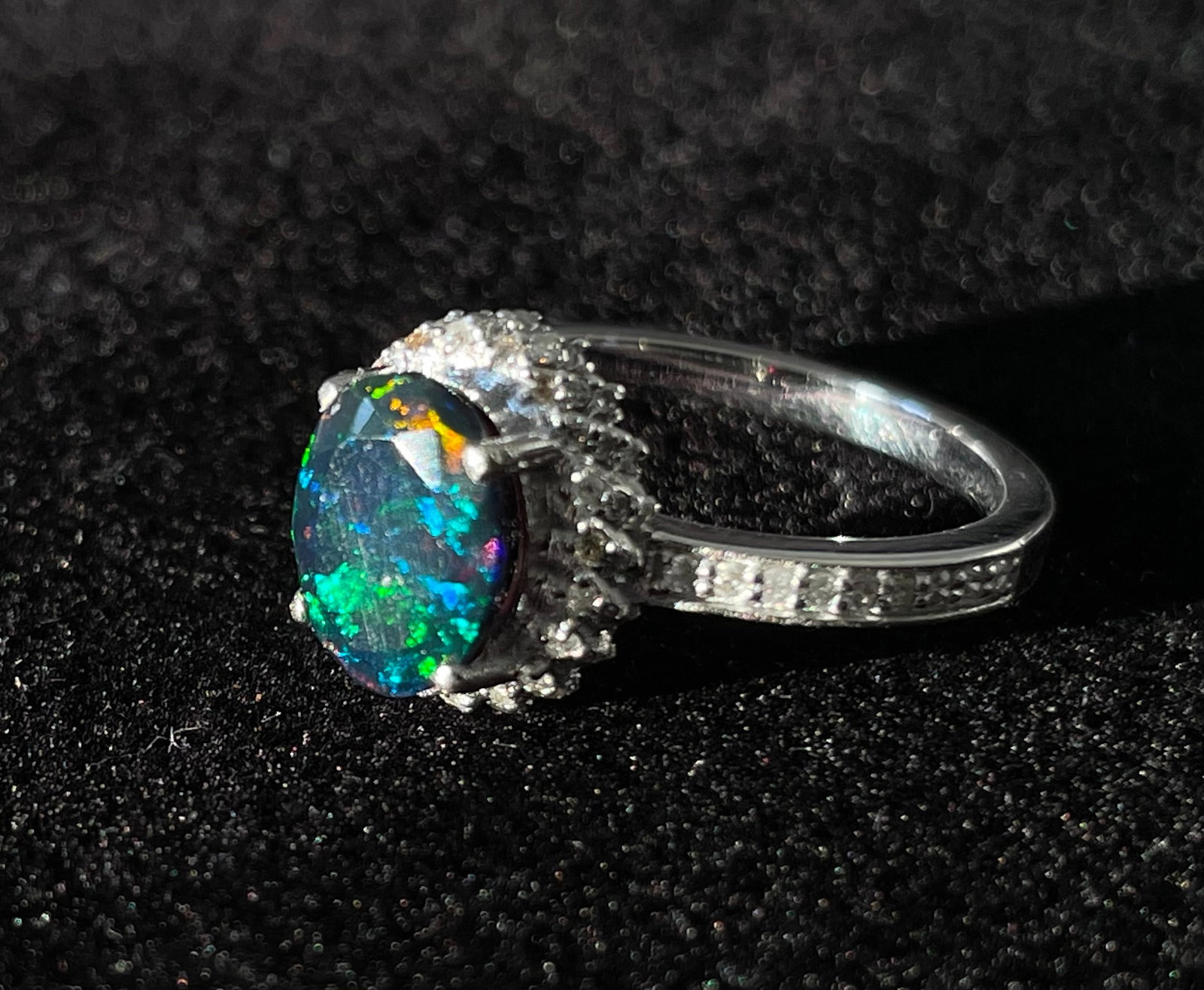 Beautiful Natural Black Opal Ring With Natural Diamond & 18k Gold - 11