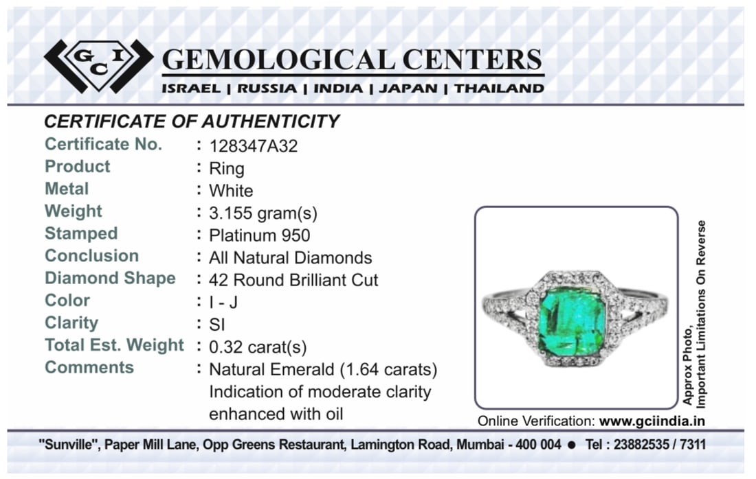 Beautiful 1.64 CT Natural Emerald Ring With Natural Diamonds & Platinum 950 - 10