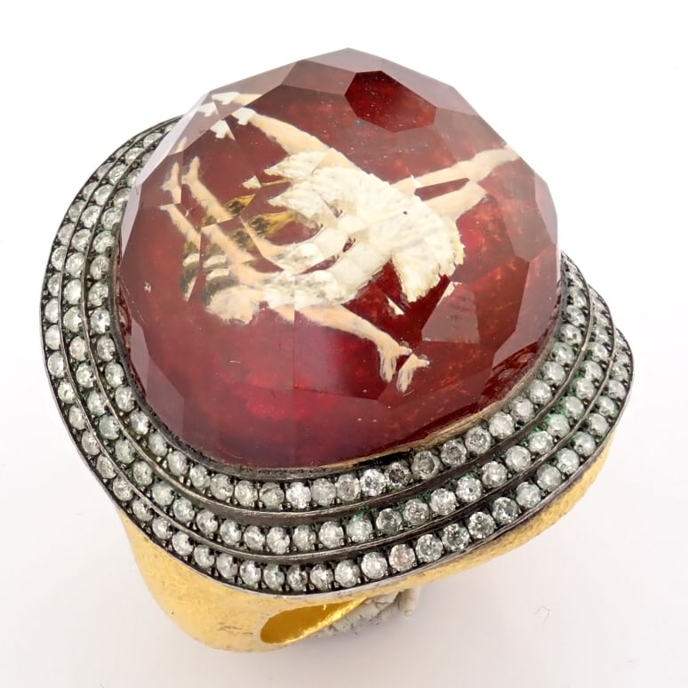 Natural Diamond 24K Yellow Gold Ring: Title: Natural Diamond 24K Yellow Gold Ring Description: An exquisite hand-made gold ring detailed with topaz and brilliant diamonds. Reversely engraved intaglio ballerina - Hand Made Ring - One Of