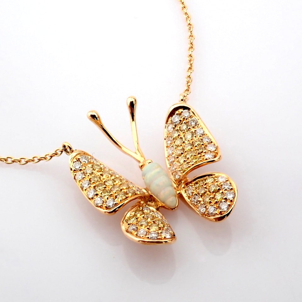 Natural Diamond 18K Rose/Pink Gold Necklace: Title: Natural Diamond 18K Rose/Pink Gold Necklace Description: 18K rose gold butterfly necklace detailed with opal, brilliant diamonds -------------------------------------------------- •
