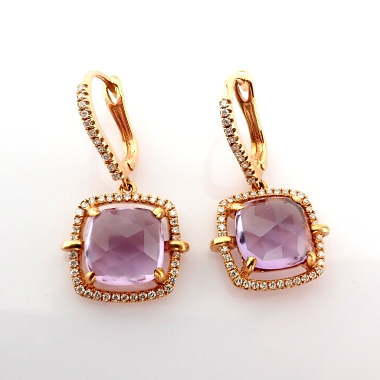 Natural Diamond 18K Rose/Pink Gold Earring: Title: Natural Diamond 18K Rose/Pink Gold Earring Description: 18K rose gold earrings detailed with amethyst and brilliant diamonds -------------------------------------------------- • METALS