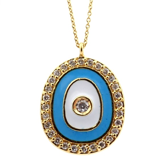 Natural Diamond 18K Yellow Gold Necklace: Title: Natural Diamond 18K Yellow Gold Necklace Description: 18K evil eye necklace detailed with enamel and brilliant diamonds -------------------------------------------------- • METALS AND