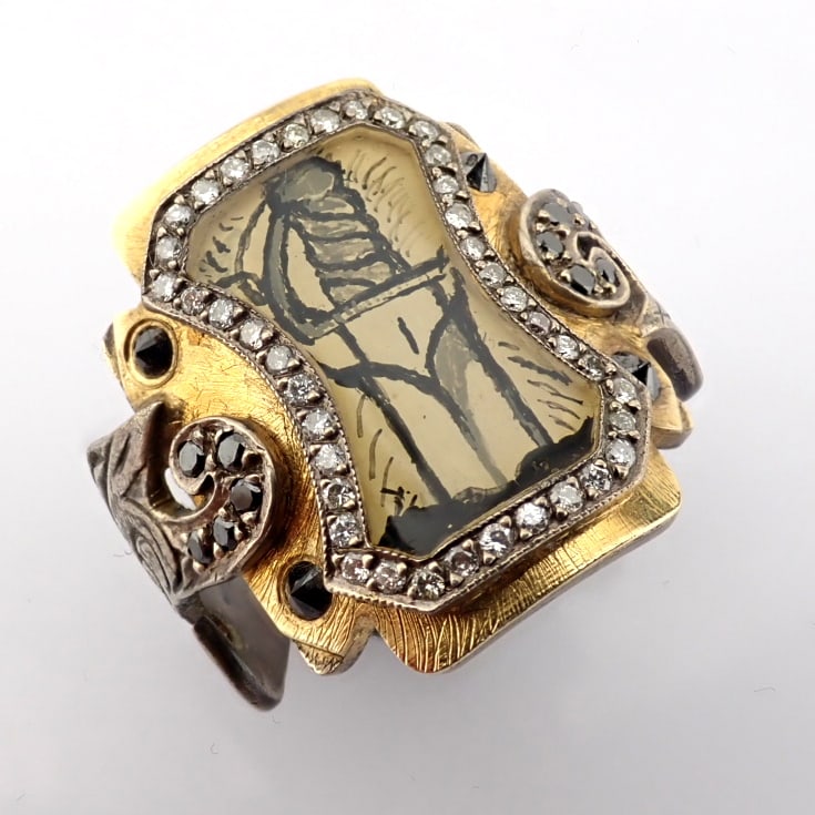 Natural Diamond 24K Yellow Gold Ring: Title: Natural Diamond 24K Yellow Gold Ring Description: An exquisite hand-made and micro-painted cross ring detailed with brilliant diamonds and gold on silver. - Hand Made Ring - One Of Kind