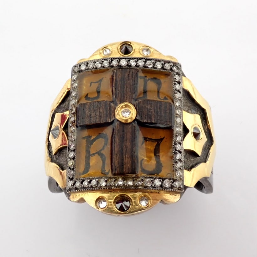 Natural Diamond 24K Yellow Gold Ring: Title: Natural Diamond 24K Yellow Gold Ring Description: An exquisite hand-made and micro-painted cross ring , detailed with brilliant diamonds and gold on silver. - Hand Made Ring - One Of Kind