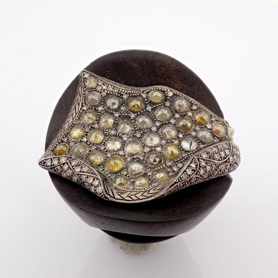 Natural Diamond 925 Silver Ring: Title: Natural Diamond 925 Silver Ring Description: An exquisite ebony ring detailed with brilliant diamonds and silver. - Hand Made Ring - One Of Kind