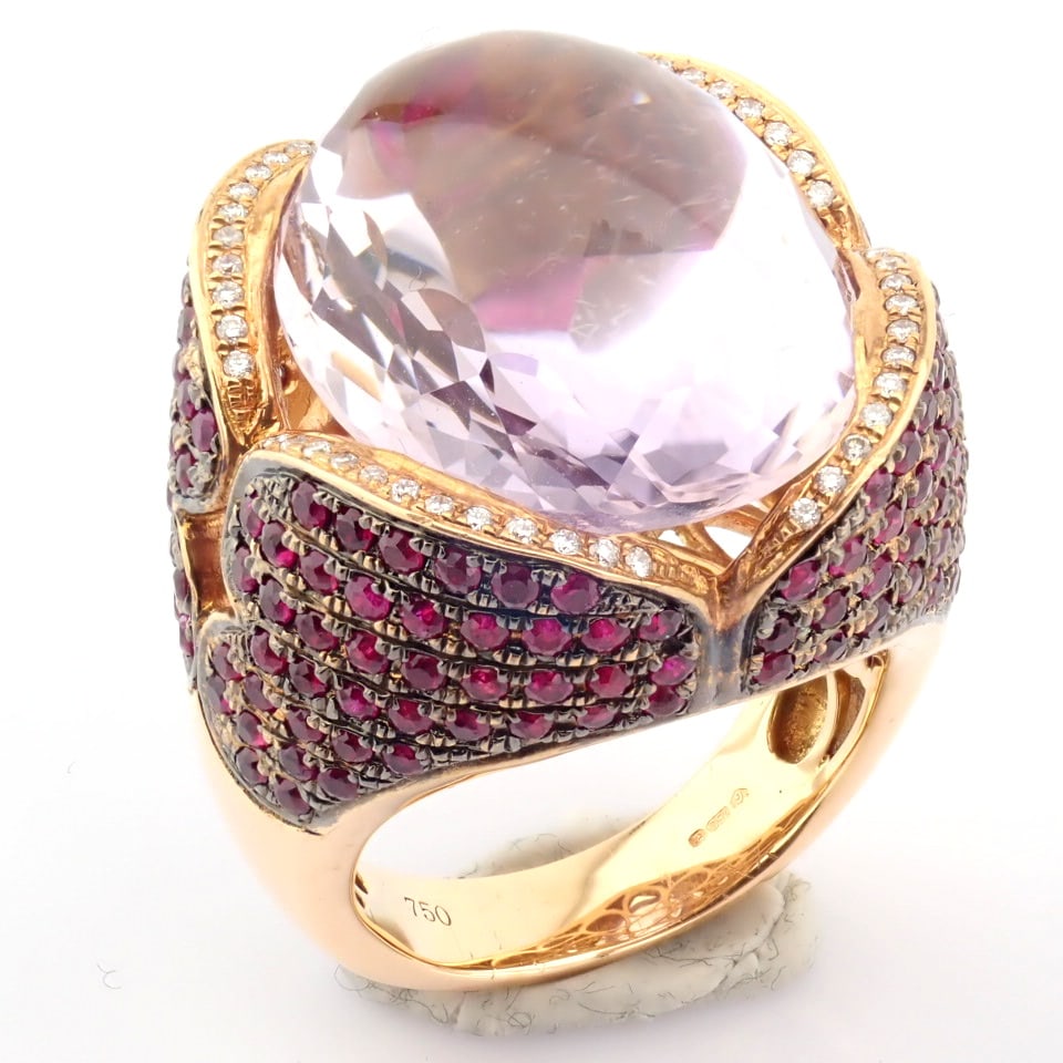 Natural Diamond 18K Rose/Pink Gold Ring: Title: Natural Diamond 18K Rose/Pink Gold Ring Description: 18K rose gold ring detailed with ruby, amethyst and brilliant diamonds -------------------------------------------------- R
