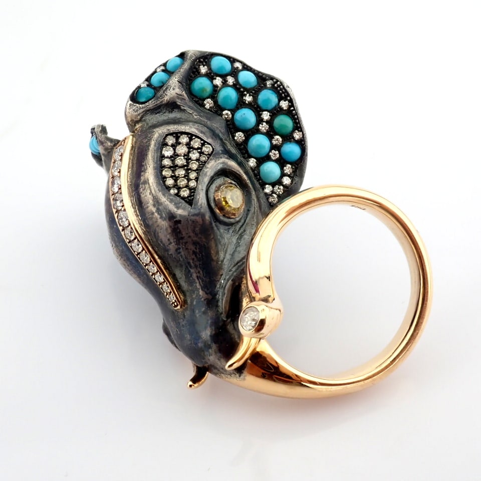Natural Diamond 18K Yellow Gold Ring: Title: Natural Diamond 18K Yellow Gold Ring Description: An exquisite elephant ring detailed with turquoise. brilliant diamonds and gold on silver. - Hand Made Ring - One Of Kind ----