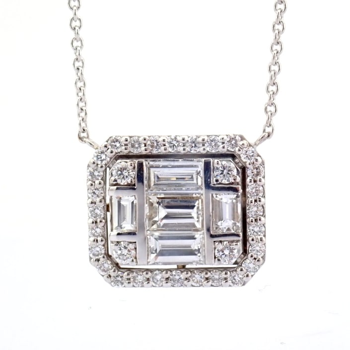 Natural Diamond 18K White Gold Necklace: Title: Natural Diamond 18K White Gold Necklace Description: 18K white gold necklace detailed with baguette and brilliant diamonds -------------------------------------------------- • METALS AND