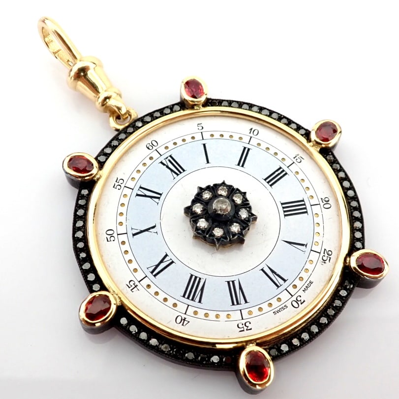 Natural Diamond 14K Yellow Gold Pendant: Title: Natural Diamond 14K Yellow Gold Pendant Description: An exquisite pendant made of gold and silver, featuring an antique watch dial adorned with precious colourful stones and diamonds - Hand