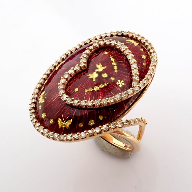 Natural Diamond 18K Yellow Gold Ring: Title: Natural Diamond 18K Yellow Gold Ring Description: An exquisite 18K yellow gold ring detailed with red enamel , grains of gold dust and brilliant diamonds