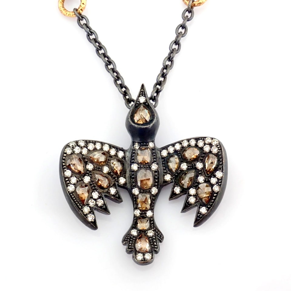 Natural Diamond 18K Rose/Pink Gold Necklace: Title: Natural Diamond 18K Rose/Pink Gold Necklace Description: An exquisite bird necklace detailed with brilliant diamonds and gold on silver --------------------------------------------------