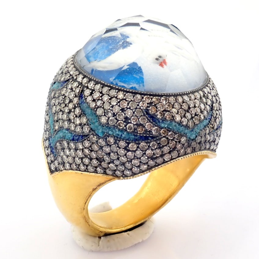 Natural Diamond 24K Yellow Gold Ring: Title: Natural Diamond 24K Yellow Gold Ring Description: An exquisite hand-made gold & silver ring. Detailed with topaz with reversely engraved intaglio bird and brilliant diamonds - H
