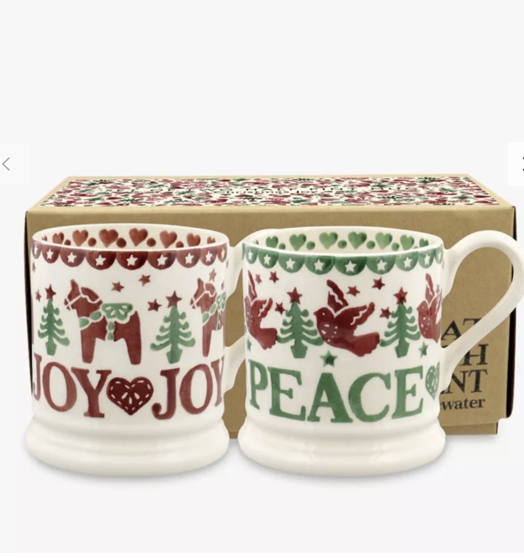 Emma Bridgewater Christmas Joy & Peace Half Pint Mugs, Set of 2, 280ml, Red/Multi: Title: Emma Bridgewater Christmas Joy & Peace Half Pint Mugs, Set of 2, 280ml, Red/Multi Description: A pair of gift-boxed half-pint mugs decorated with festive 'joy' and 'peace' designs from Emma