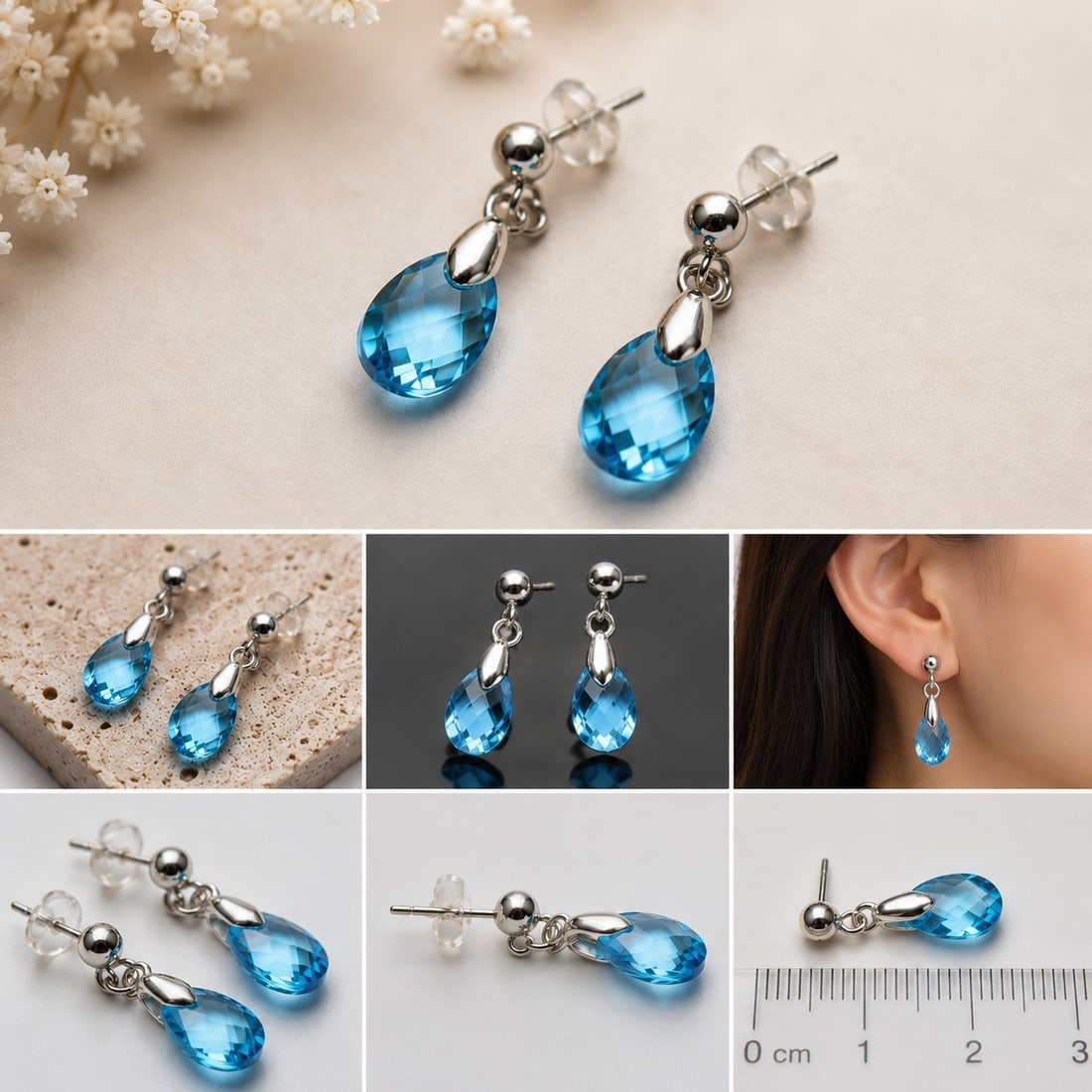 Natural Blue Topaz Drop Earrings – Fashion Jewelry: Title: Natural Blue Topaz Drop Earrings – Fashion Jewelry Description: Elegant drop earrings featuring genuine natural Blue Topaz gemstones with a sparkling faceted pear cut. Designed in a