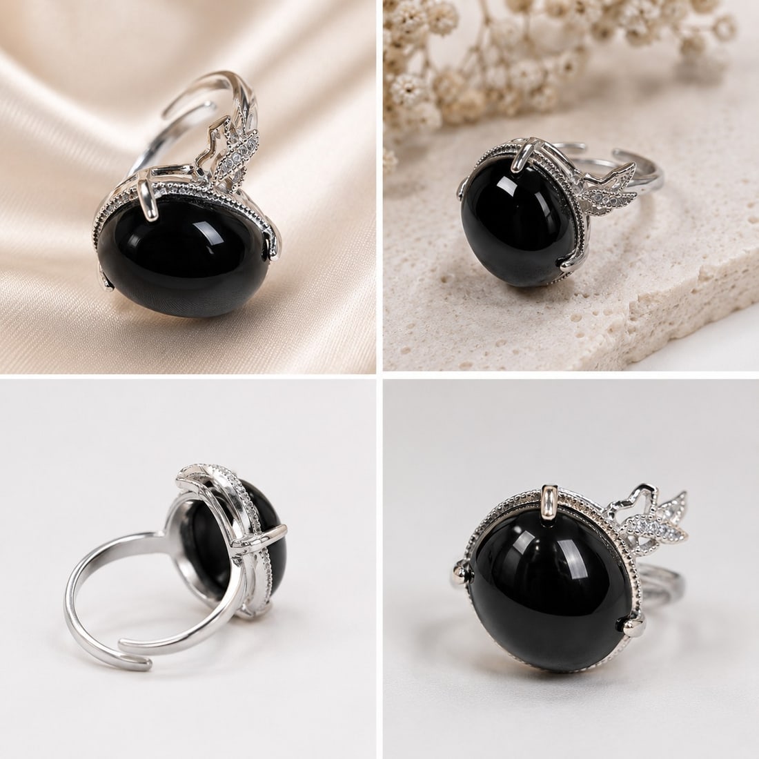 Adjustable Black Onyx Ring – Oval Cabochon Gemstone Fashion Ring: Title: Adjustable Black Onyx Ring – Oval Cabochon Gemstone Fashion Ring Description: Elegant adjustable ring featuring a polished oval black onyx cabochon with a timeless, sophisticated app