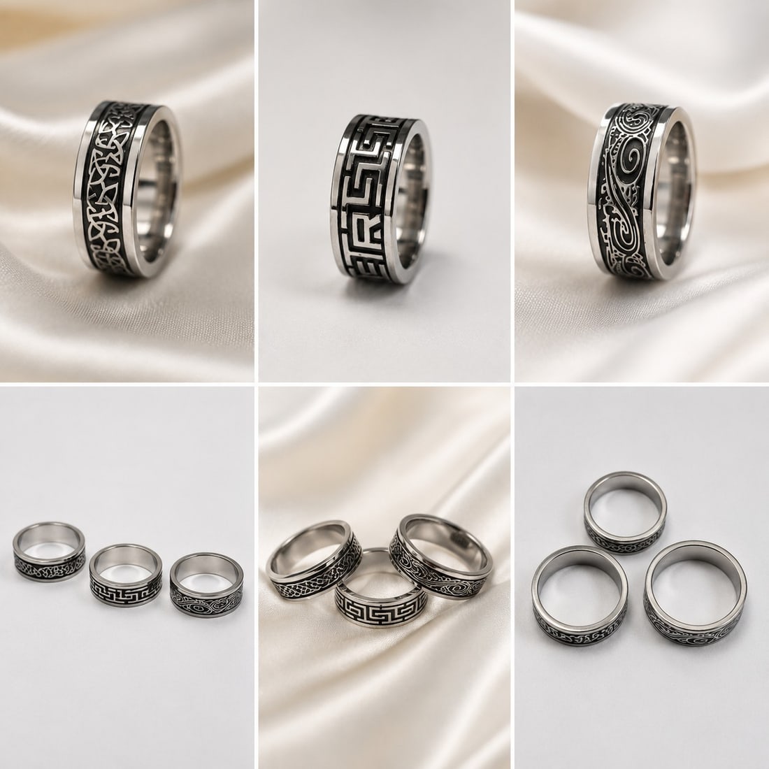 Set of 3 Stainless Steel Pattern Rings – Modern Engraved Band Collection: Title: Set of 3 Stainless Steel Pattern Rings – Modern Engraved Band Collection Description: Set of three stylish stainless steel rings featuring unique engraved patterns, including