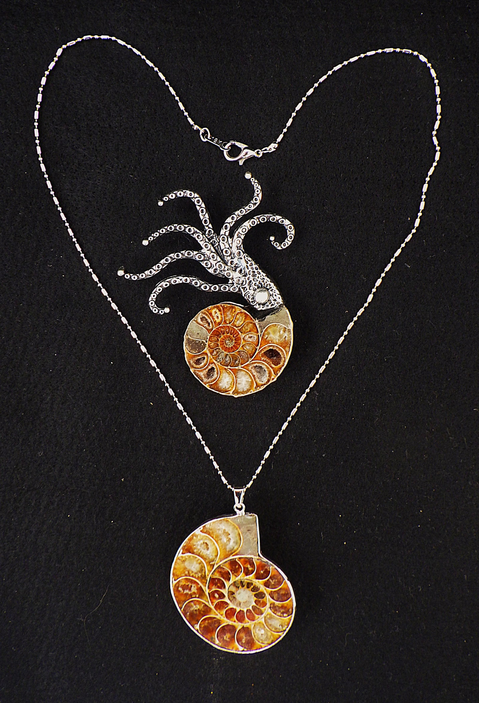 Ammonite brooch & necklace set: Title: Ammonite brooch & necklace set Description: A very unusual jewellery set consisting of a large Ammonite brooch with white metal (untested) tentacles, accompanied by a white metal