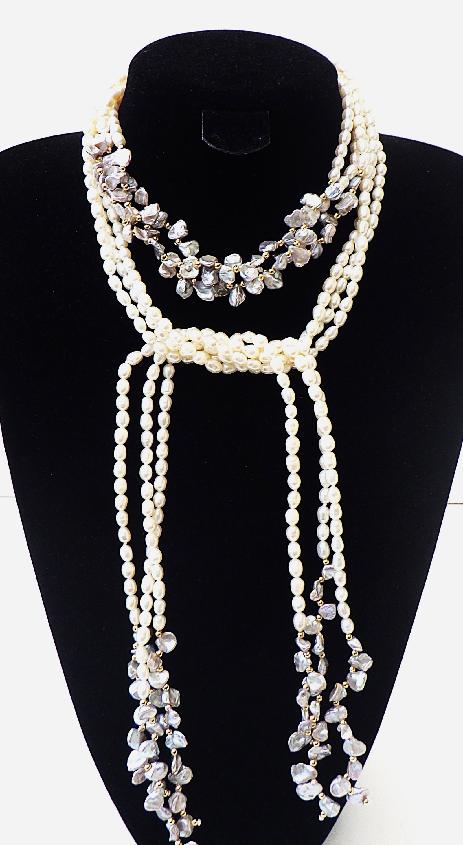 Rare 3 long strand necklace with natural white & grey Keshi pearls - 3
