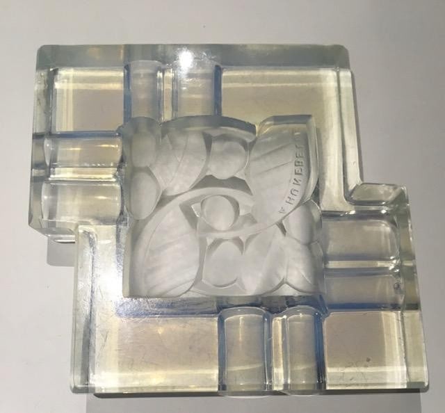 Andre Hunebelle (1896-1985) Art Deco, Opalescent Ashtray, Leaf and Berries, Signed, 1930 - 15