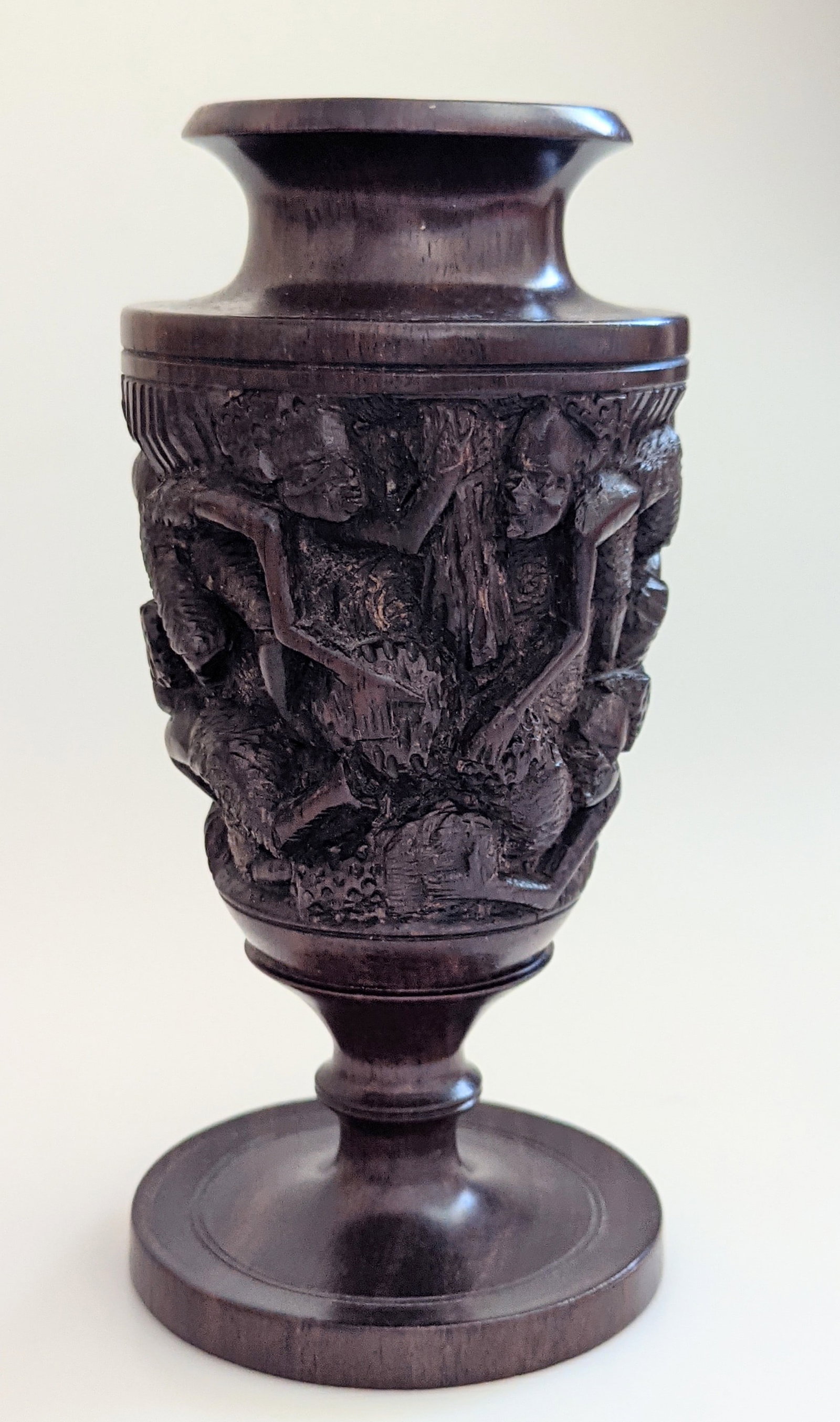Antique Hand Carved Hardwood Urn Vase – Highly Detailed Figural Carving – Oriental / Tri: Title: Antique Hand Carved Hardwood Urn Vase – Highly Detailed Figural Carving – Oriental / Tribal Art Description: Antique Hand-Carved Hardwood Urn / Vase with Intricate Figural Rel