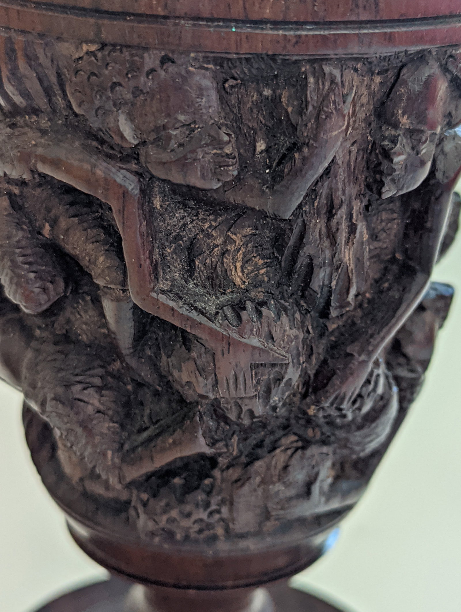 Antique Hand Carved Hardwood Urn Vase – Highly Detailed Figural Carving – Oriental / Tri - 2