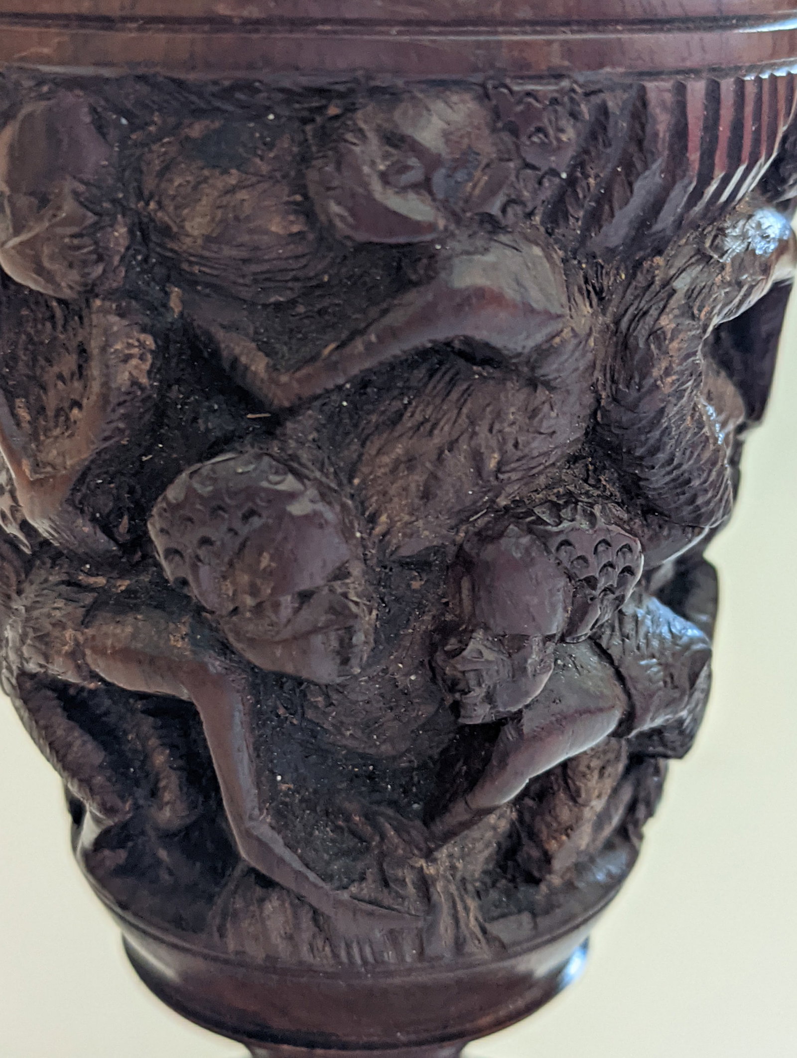 Antique Hand Carved Hardwood Urn Vase – Highly Detailed Figural Carving – Oriental / Tri - 3